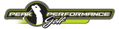 A logo for peak performance golf with a person swinging a golf club