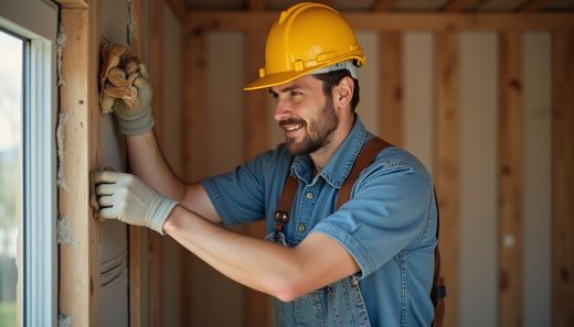 Construction worker wearing a yellow hard hat and denim overalls smiles while working on a wooden wall.