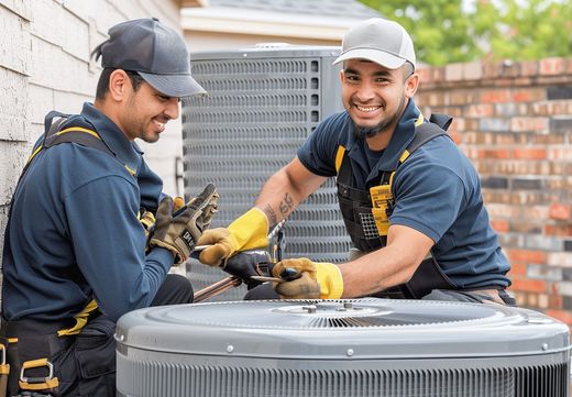 Two HVAC technicians repairing an air conditioning unit, smiling. Outdoors, brick wall.