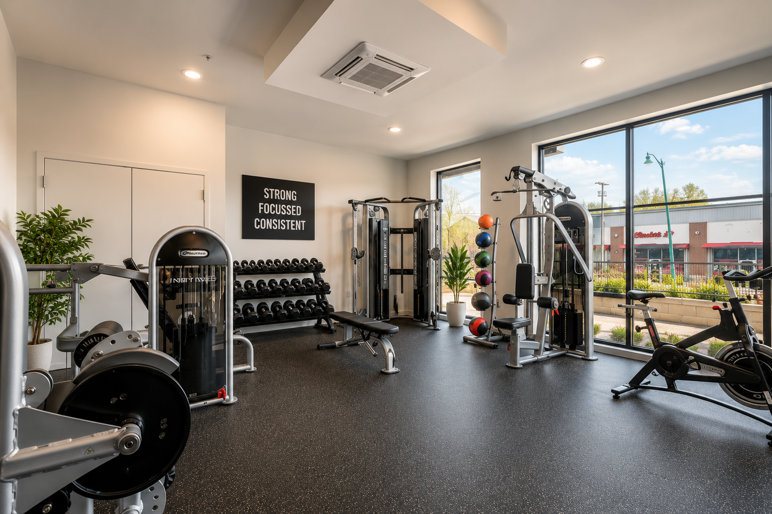 Clarksville, TN Pet-Friendly Student Apartments | Main608 | Fitness Center with Exercise Balls, Weight Training Machine, Stationary Bike, Elliptical Machines, Treadmills, and Expansive Windows.