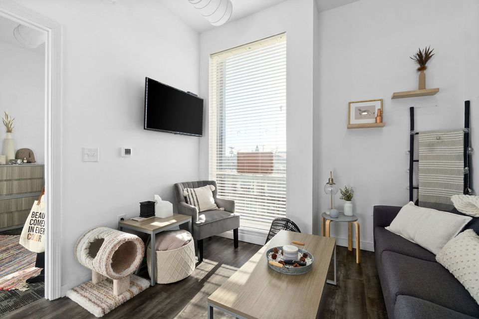 Photo showing a small living room with plenty of natural lighting and a room in the background