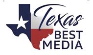Texas Best Media logo with a blue and red Texas outline and script text on white background