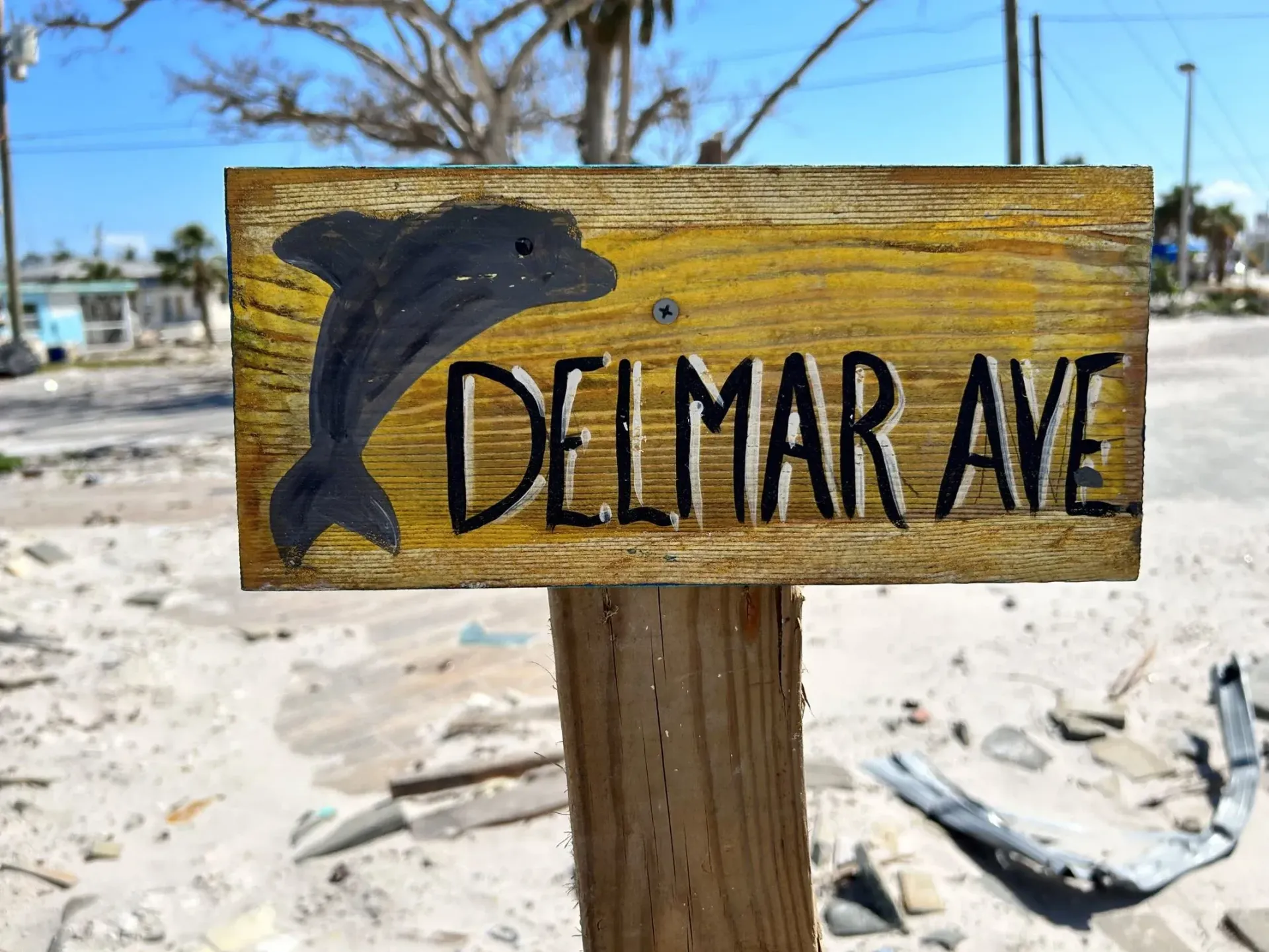 A wooden sign that says delmar ave with a dolphin on it