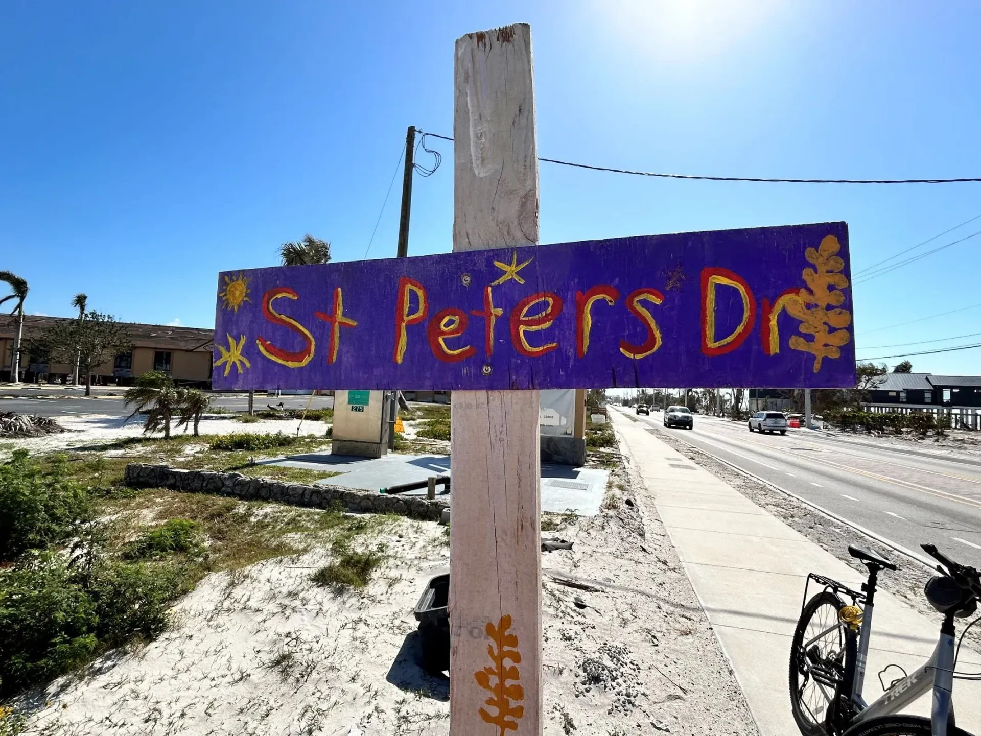 A purple sign that says st peters drive on it