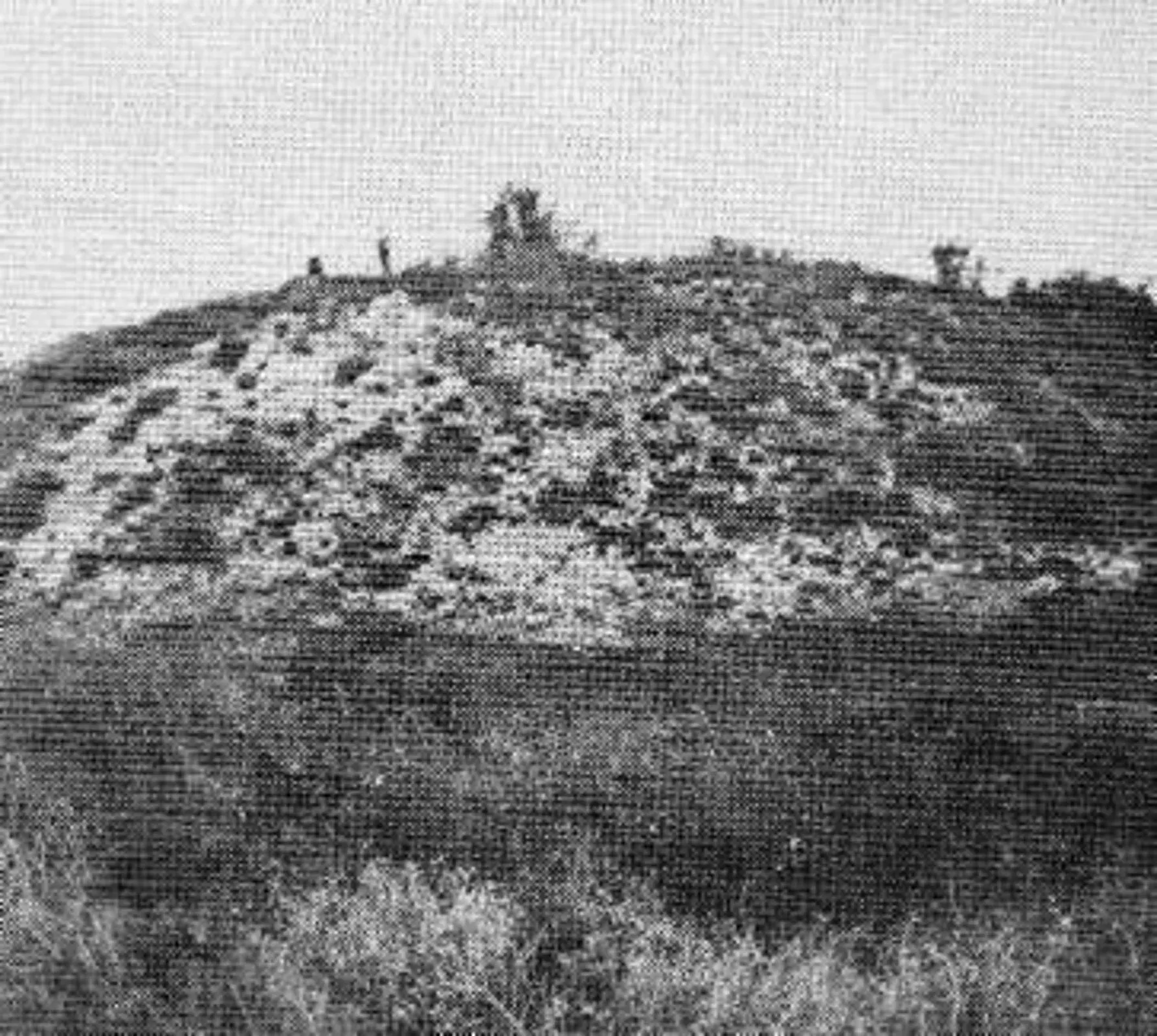 A black and white photo of a hill with people standing on top of it.