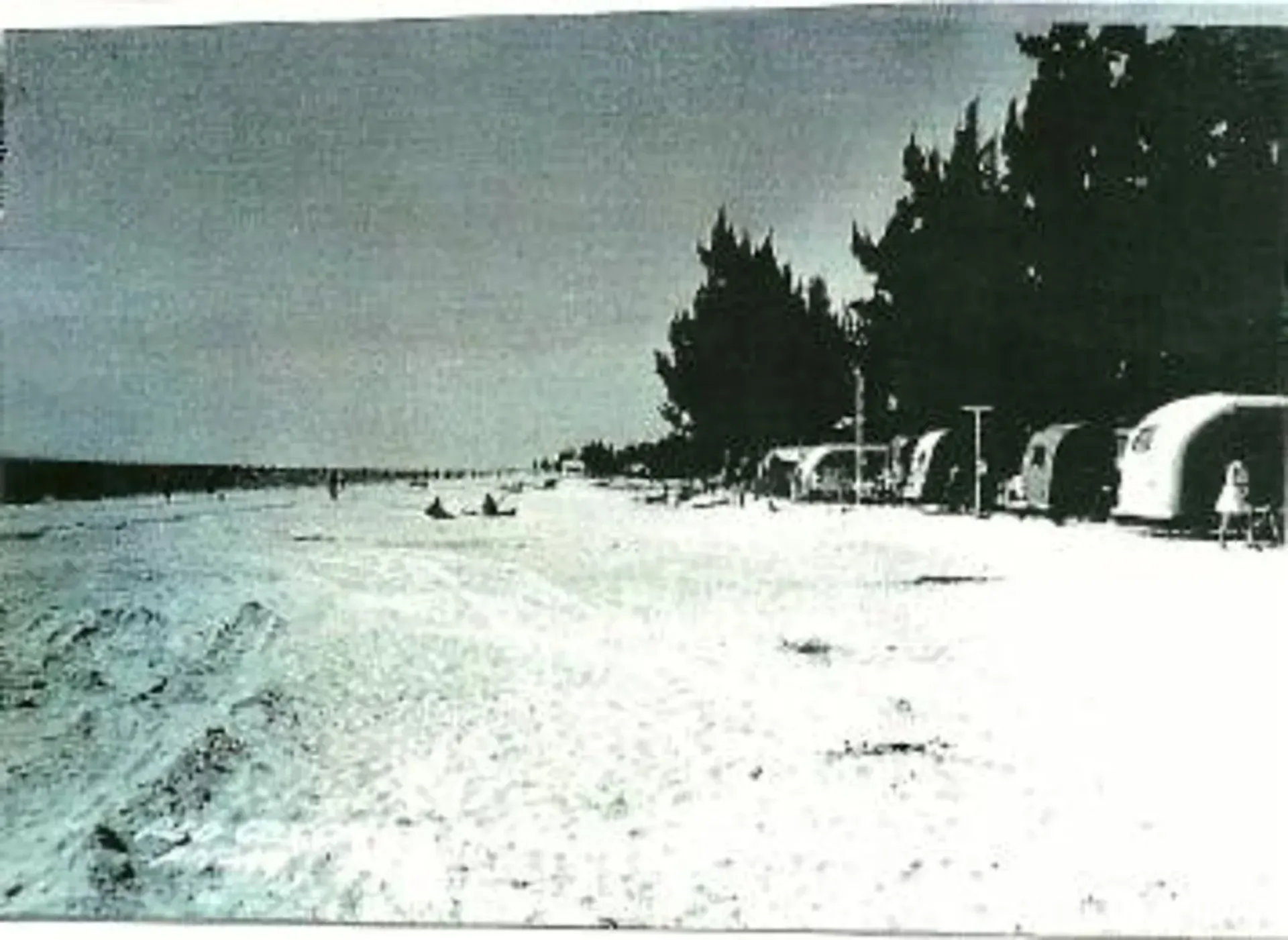 A black and white photo of a beach with tents and trees
