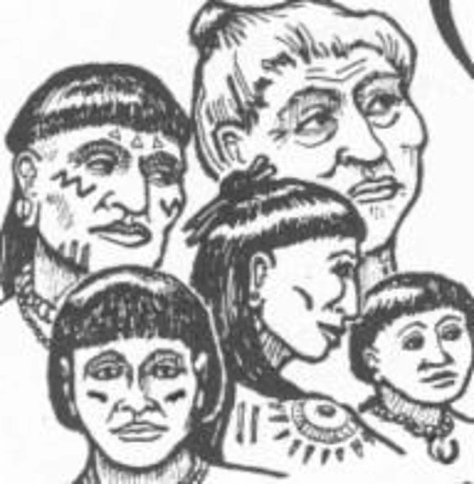 A black and white drawing of a group of people 's faces.