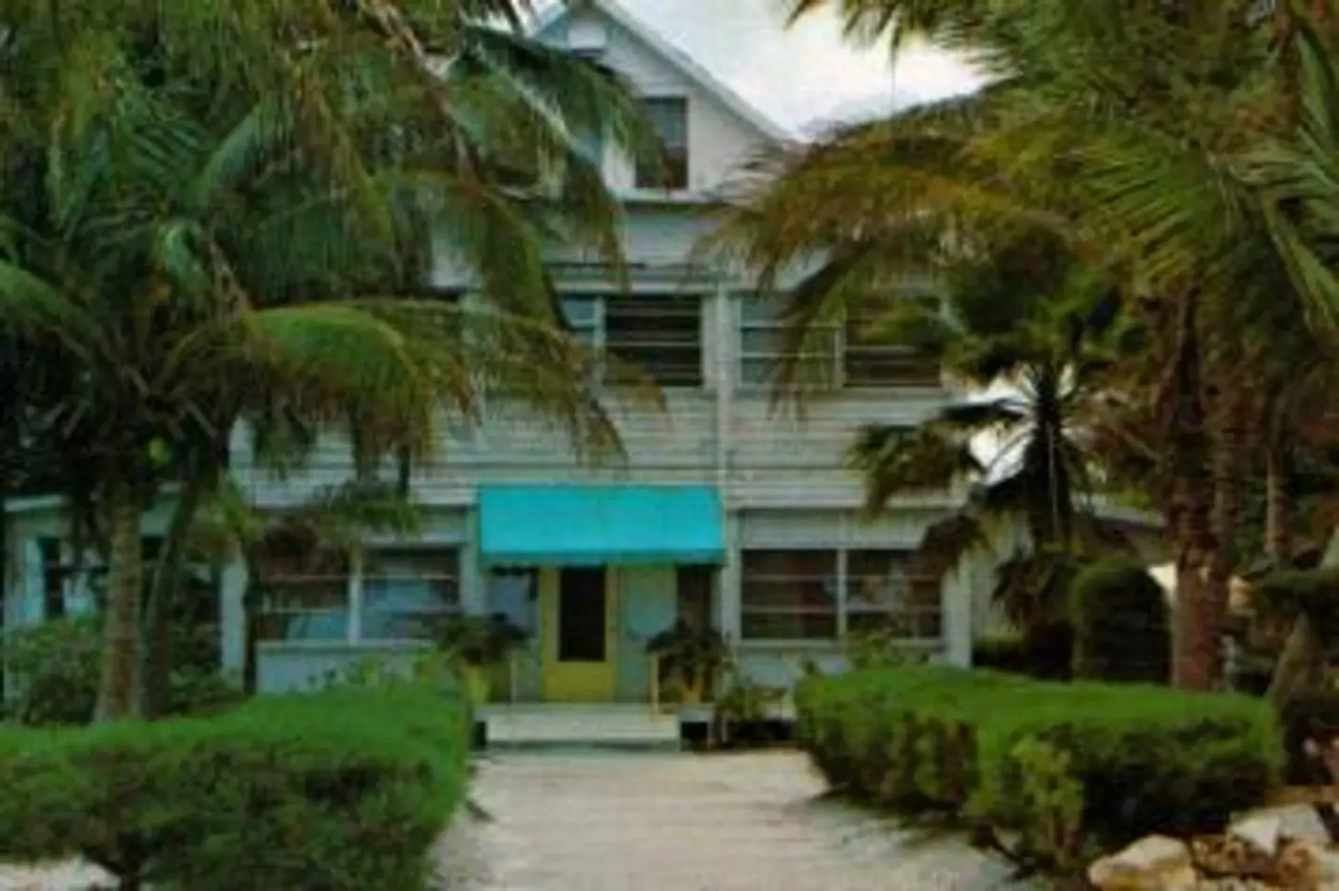 A white house with a blue awning is surrounded by palm trees.