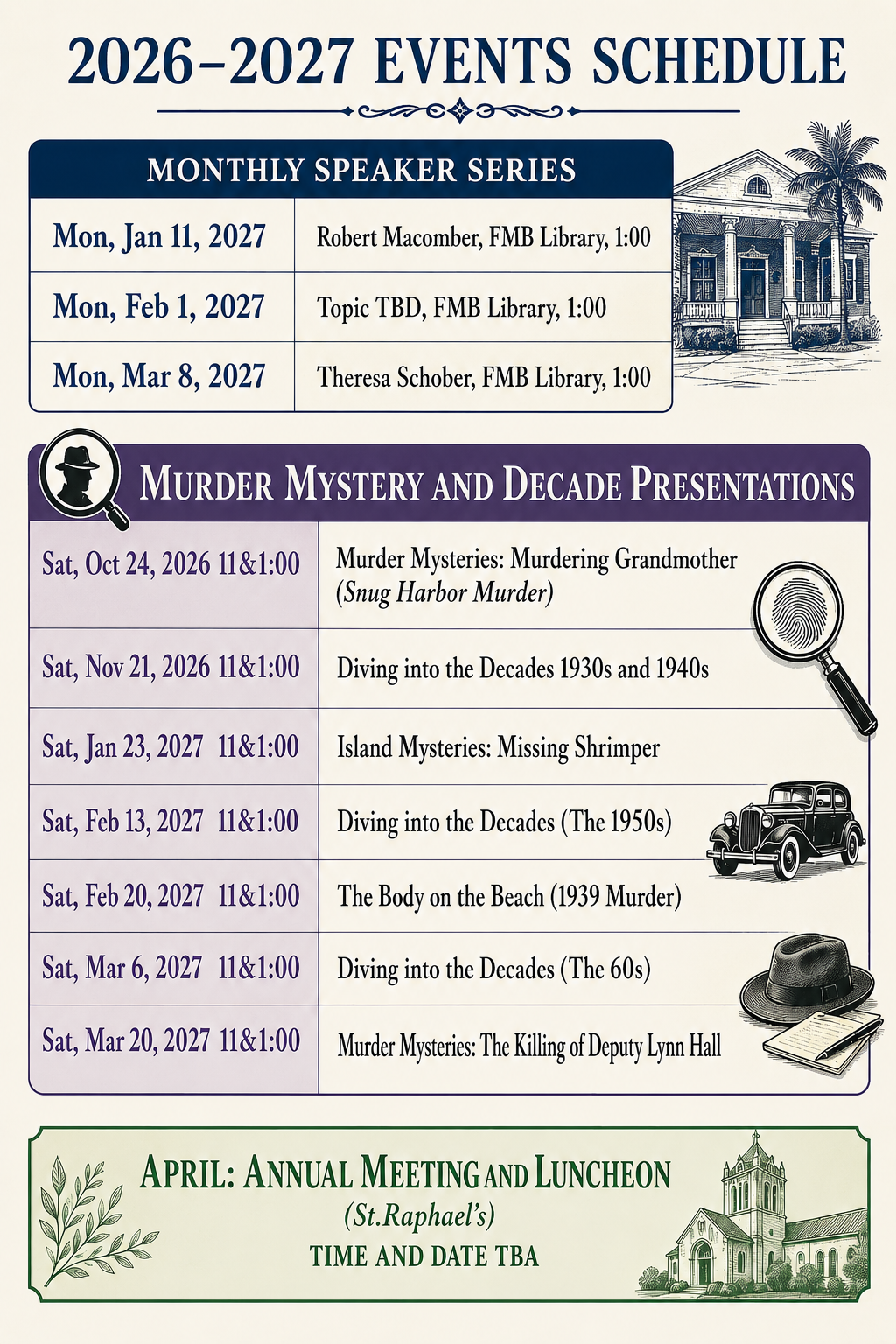 2026-2027 Events Schedule banner in black serif text on a beige background