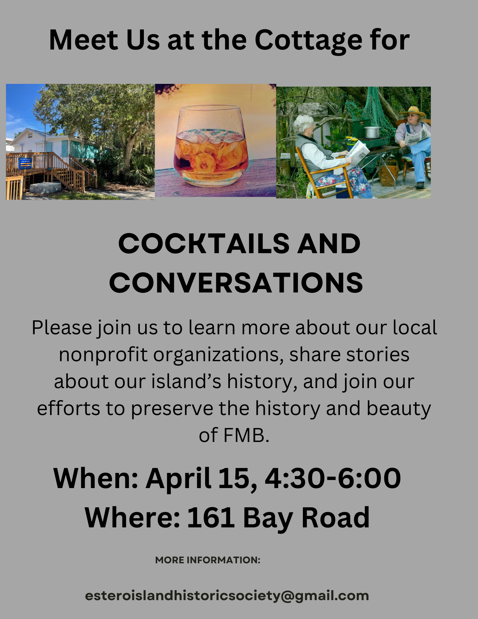 A poster that says meet us at the cottage for cocktails and conversations