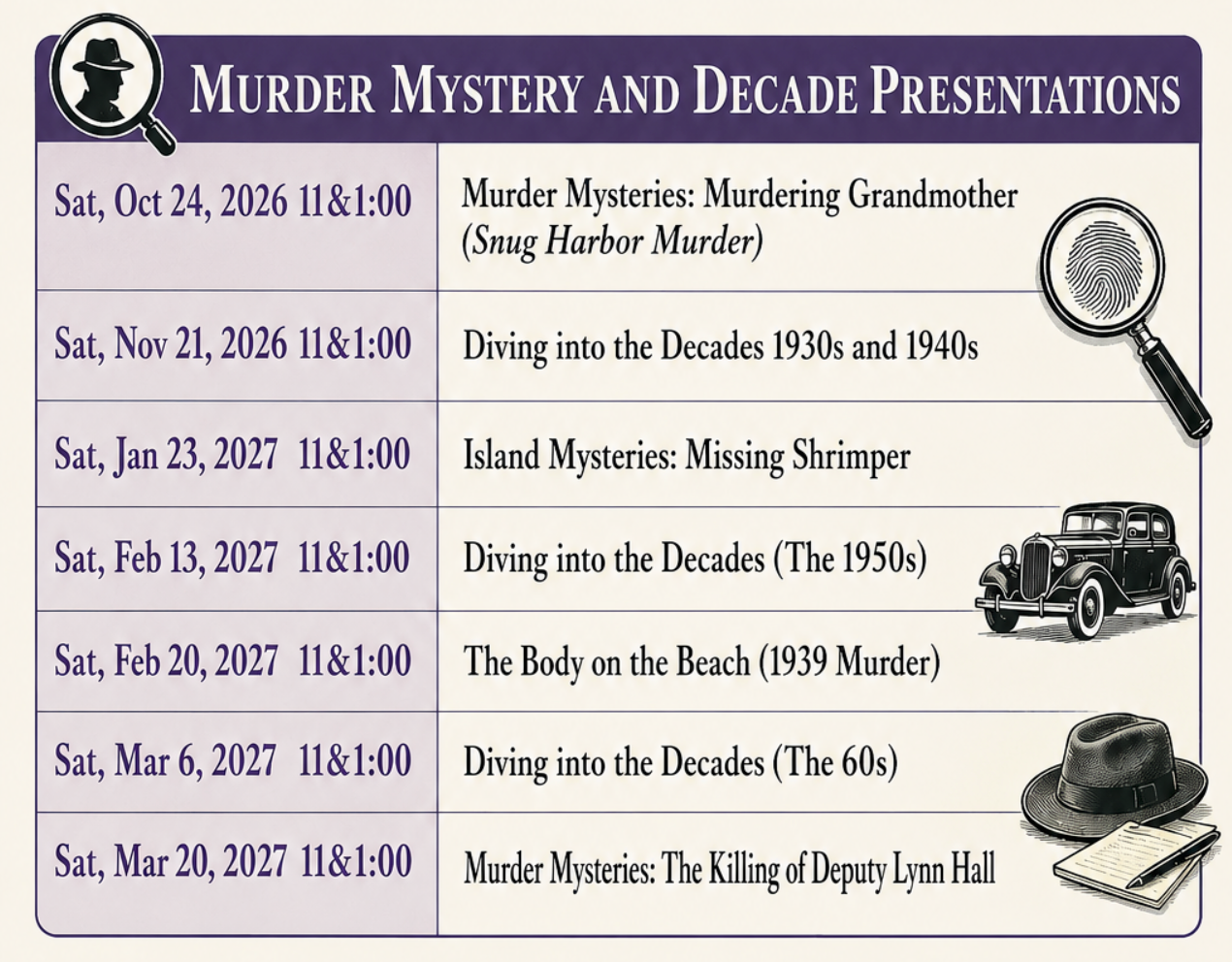 Murder mystery and decade presentation schedule poster with dates, times, topics, and magnifying glass graphics