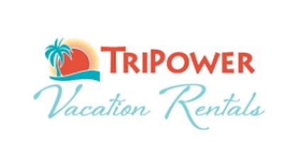 A logo for tripower vacation rentals with a palm tree and sun