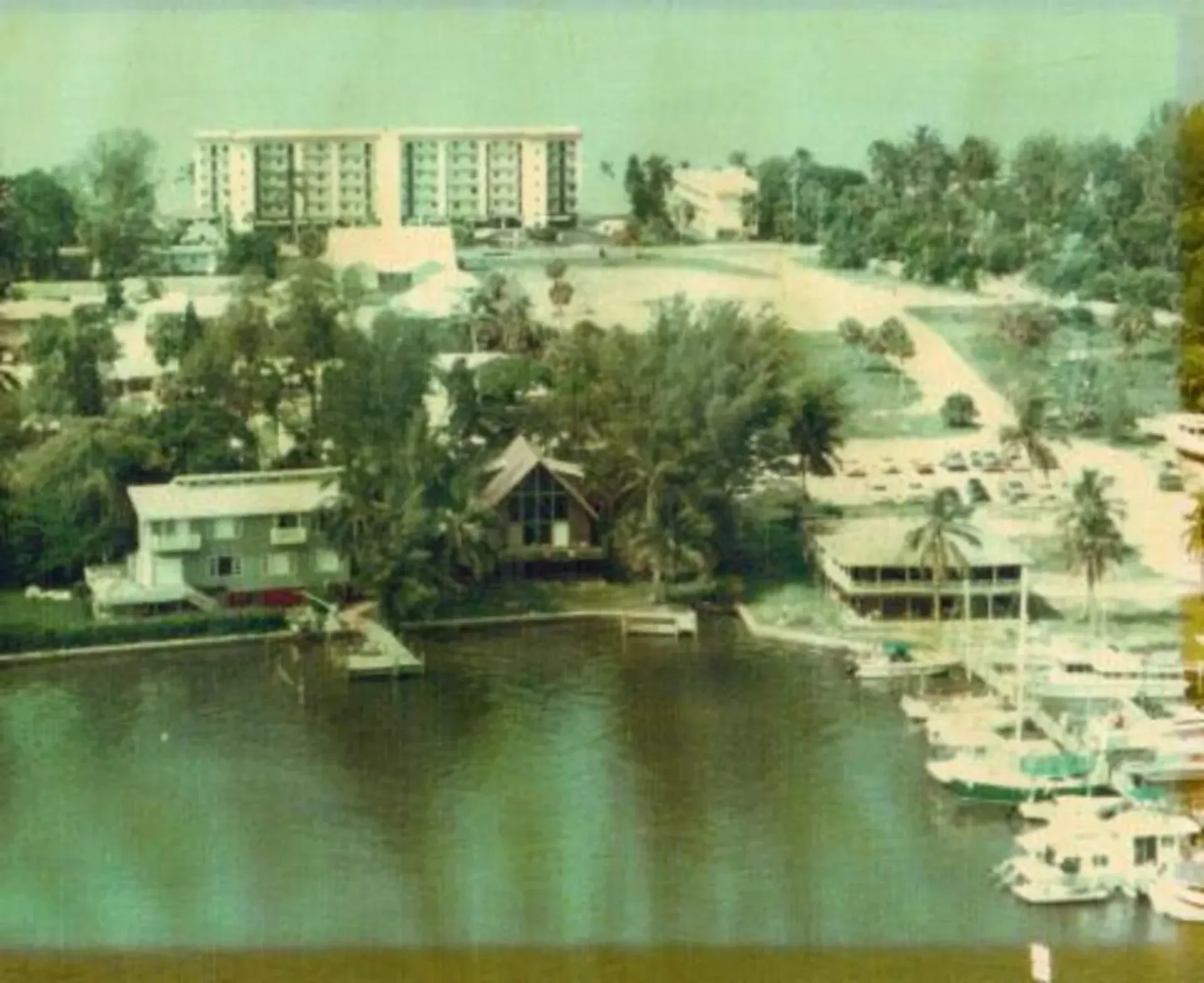 An aerial view of a marina with boats and buildings in the background