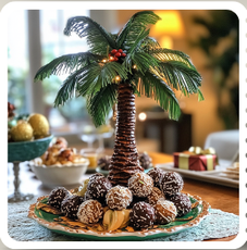 Palm tree centerpiece with chocolate truffles on a decorated plate.