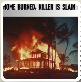 Burning house engulfed in flames at night, headline