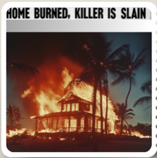 Burning house engulfed in flames at night, headline