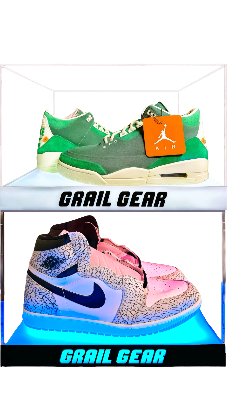 Grail Boxes Displaying Sneakers in size 9 and 18