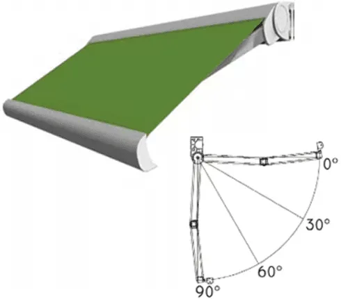 Tenda da sole retrattile verde, il diagramma mostra gli angoli regolabili: 0, 30, 60 e 90 gradi.
