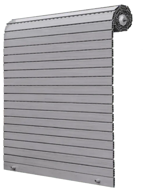 Serranda di sicurezza in metallo argentato arrotolata e parzialmente srotolata.