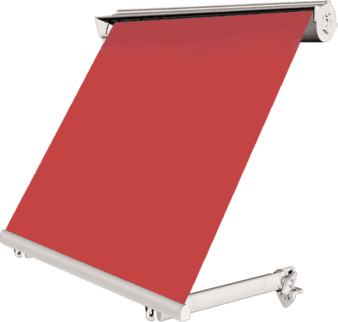 Tenda da sole retrattile rossa, parzialmente estesa. La tenda da sole è montata su un edificio.