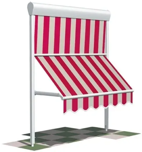 Tenda da sole a strisce rosse e bianche su struttura di supporto bianca.