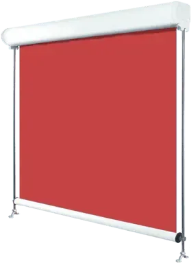 Tenda a rullo per esterni rossa, alloggiamento bianco e guide laterali argentate.