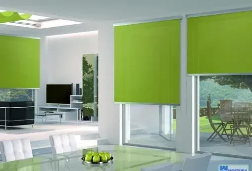 Tende a rullo verdi in un interno moderno, che filtrano la luce del sole. Pareti bianche, tavolo da pranzo.