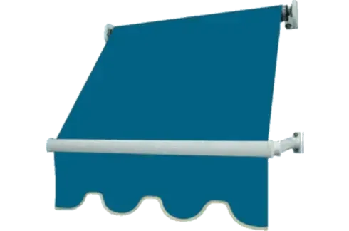 Tenda da sole blu con bordo smerlato, telaio e supporti bianchi.