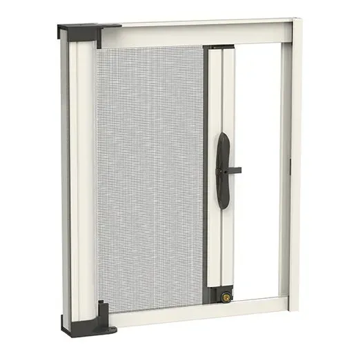 Porta a zanzariera retrattile bianca con maniglia e telaio grigio scuro.