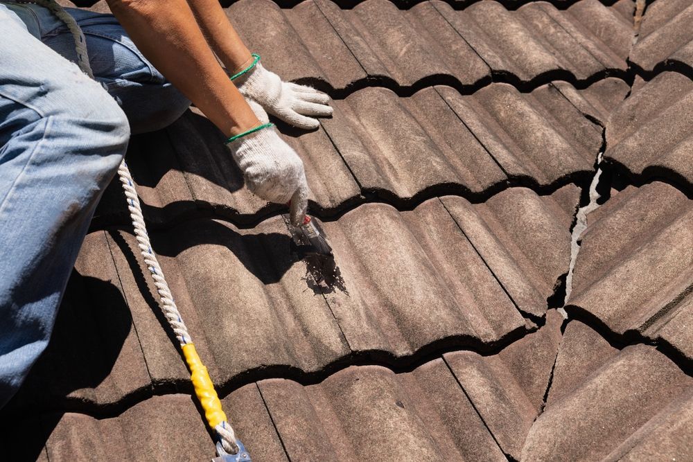 A man is painting a roof with a brush.