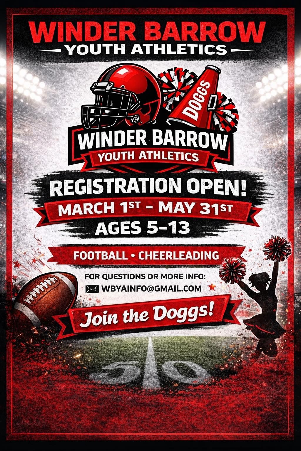 Winder Barrow Youth Athletics registration open March 1-May 31 for ages 5-13. Football and cheerleading. Red and black.
