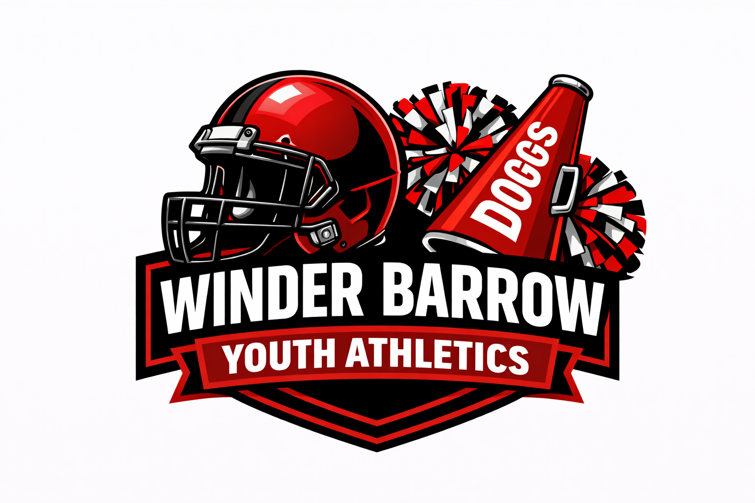 Logo: Red football helmet, pom-poms, megaphone with 