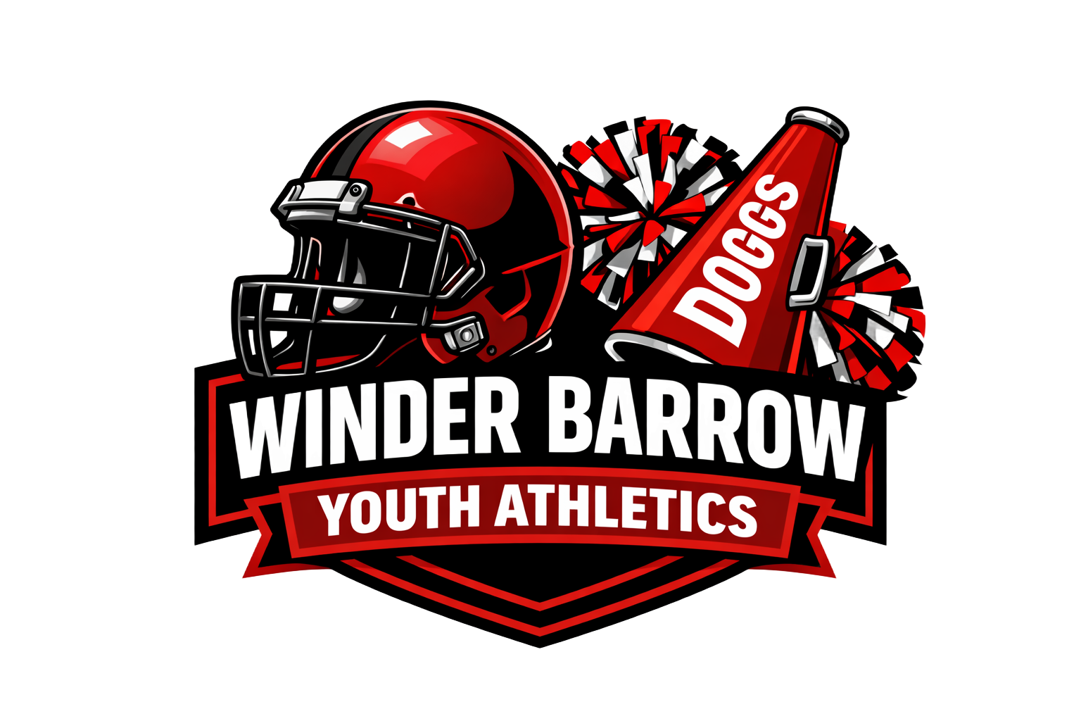 Winder Barrow Youth Athletics logo: red football helmet, cheer pom-poms, megaphone, and text on a shield.