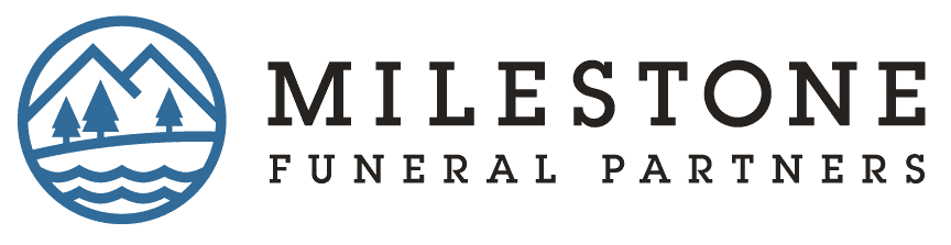 Milestone Funeral Partners logo: blue circular icon with mountains, trees, and water; text 