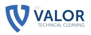 Blue logo with a shield-like shape and