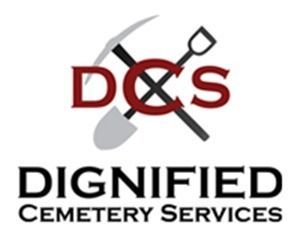 Logo for Dignified Cemetery Services featuring crossed pickaxe and shovel with 
