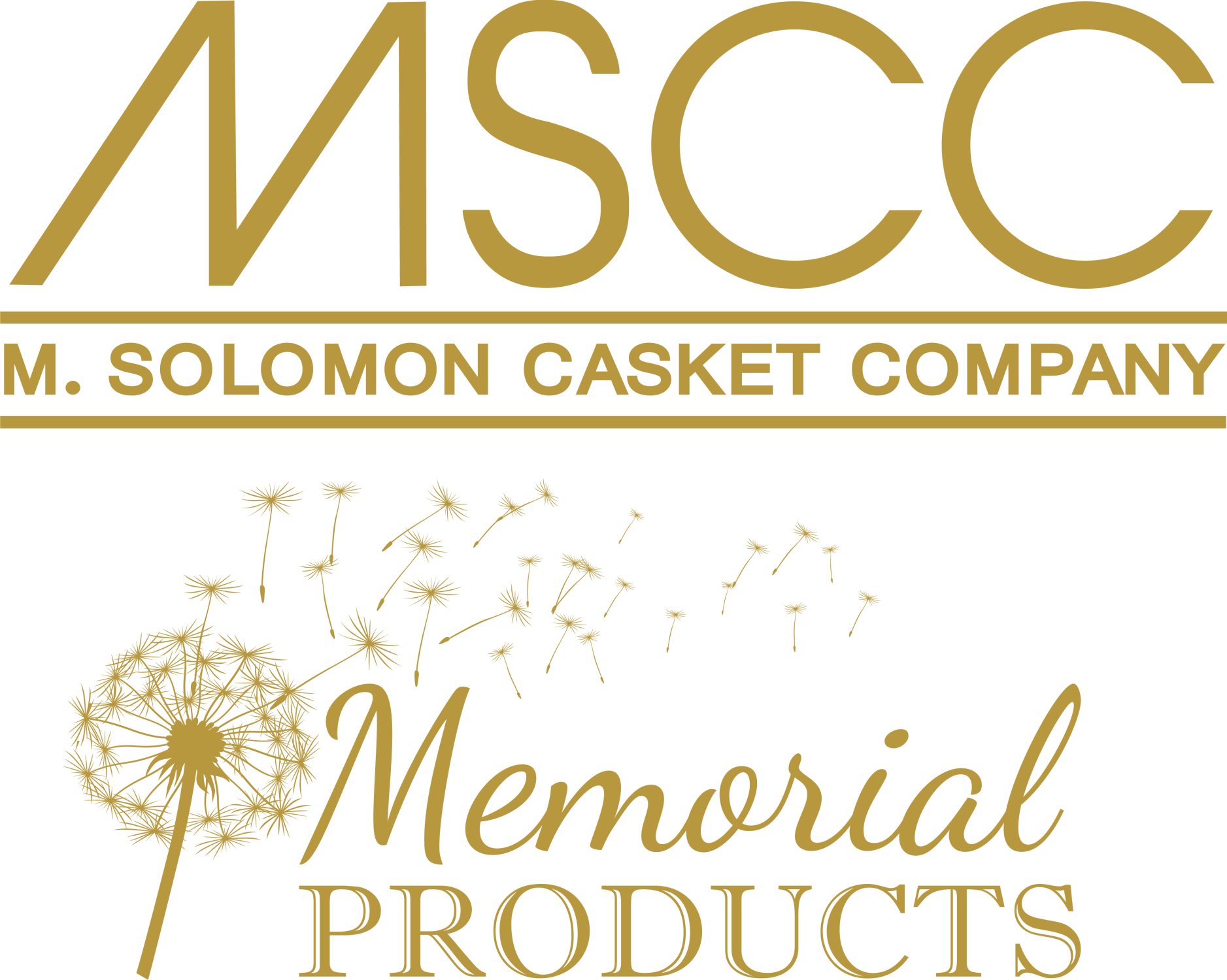 Gold logo of M. Solomon Casket Company, MSCC, with a dandelion and 
