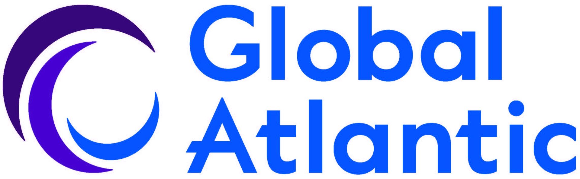 Logo for Global Atlantic. Blue text and crescent shapes on white background.