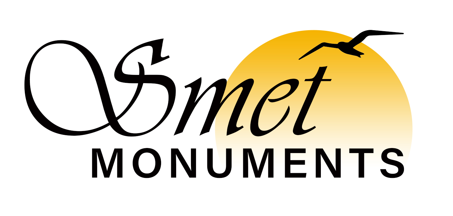 Logo for Smet Monuments featuring stylized black text, a yellow sun, and a black bird silhouette.