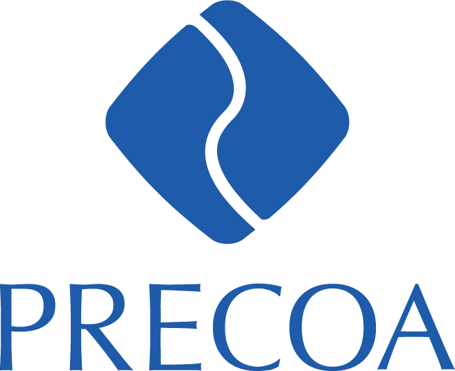 Blue diamond shape with a white curved line; the word PRECOA below.