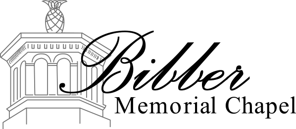 Logo for Bibber Memorial Chapel, featuring a stylized building with a pineapple on top and script text.