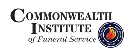 Logo of Commonwealth Institute of Funeral Service, blue circle with flame, text RESEARCH EDUCATION SERVICE.