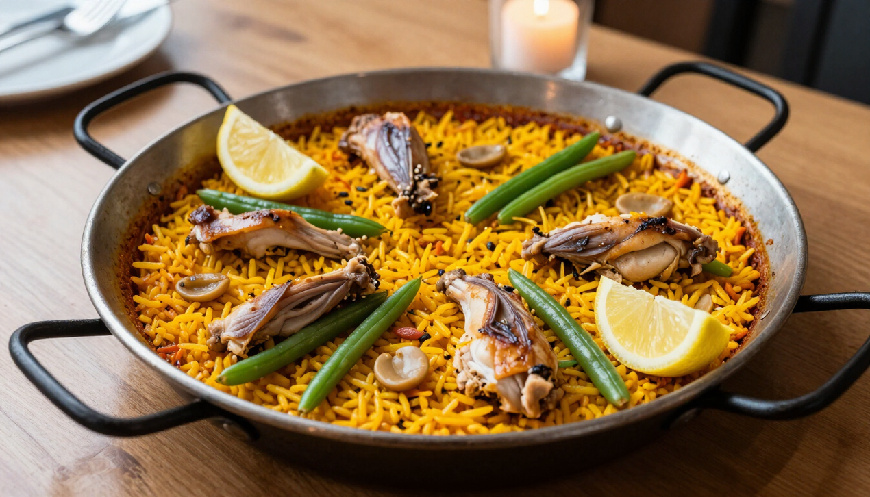 Traditional Paella Valenciana in a carbon steel pan