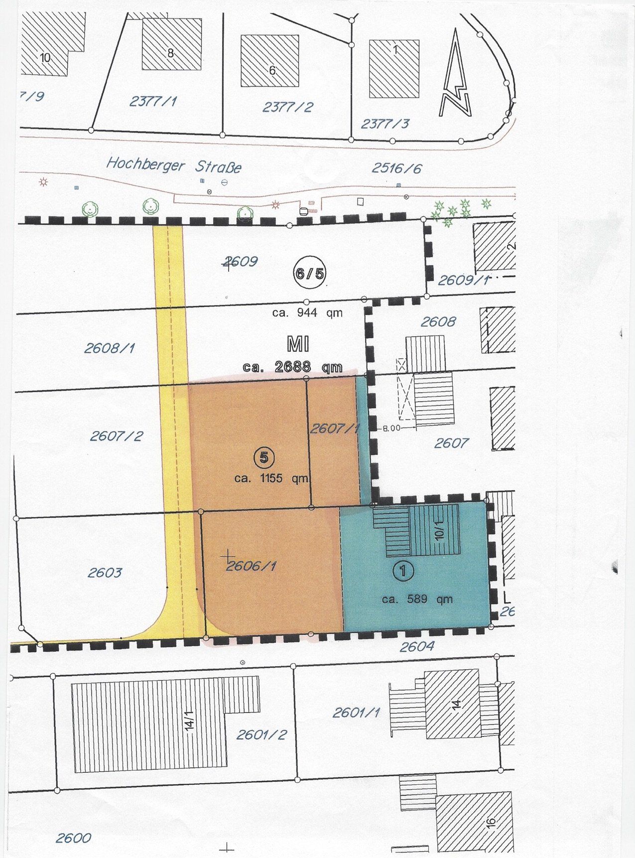Eine Zeichnung eines Gebäudes mit einem blauen Quadrat in der Mitte