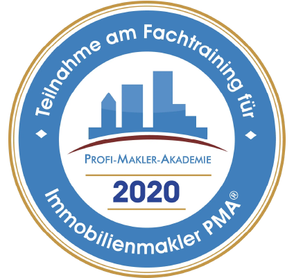 Blue-and-gold seal for Profi-Makler-Akademie 2020: “Teilnahme am Fachtraining für Immobilienmakler PMA”