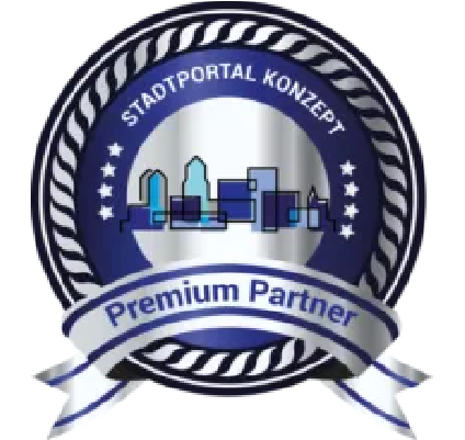 Rundes marineblaues und silbernes „Stadtportal Konzept“-Premium-Partner-Abzeichen mit Stadtsilhouette-Symbol.