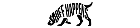 Black silhouette dog with the words "Sniff Happens" within its body.