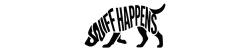 Black silhouette dog with the words "Sniff Happens" within its body.