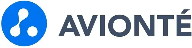 Avionté logo: blue circle with white abstract design, dark gray text 