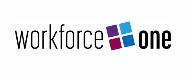 Workforce One logo: Text with a colored square design.